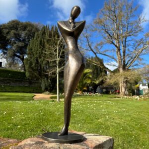 Bronze mother and child abstract modern sculpture tall elegant embrace design suitable for interior display or garden pedestal placement