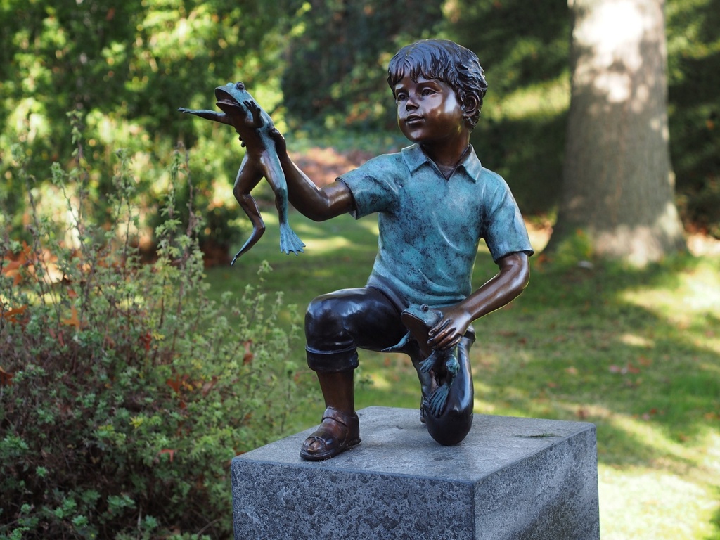 Bronze Boy Kneeling Holding Two Frogs Garden Sculpture FIBO 71 | Avant Garden Bronzes
