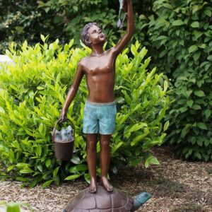Bronze Boy On Turtle With Bucket Of Frogs Verdigris Garden Statue FIBO 70 | Avant Garden Bronzes
