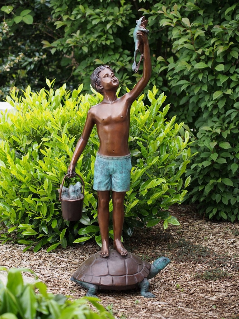 Bronze Boy On Turtle With Bucket Of Frogs Verdigris Garden Statue FIBO 70 | Avant Garden Bronzes