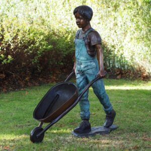 Bronze Boy Pushing Wheelbarrow In Verdigris Dungarees Garden Sculpture FIBO 67 | Avant Garden Bronzes