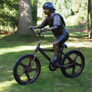 Bronze Boy Riding Bicycle In Backwards Cap Garden Sculpture FIBO 68 | Avant Garden Bronzes