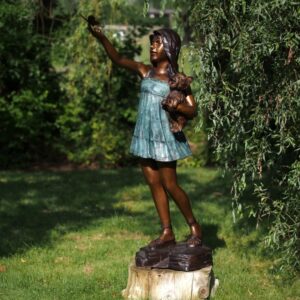 Bronze Girl In Verdigris Dress With Puppy Dog And Butterfly Sculpture FIGI 101 | Avant Garden Bronzes