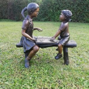 Bronze Sister Teaching Younger Brother On Bench Outdoor Sculpture FIBO 69 | Avant Garden Bronzes
