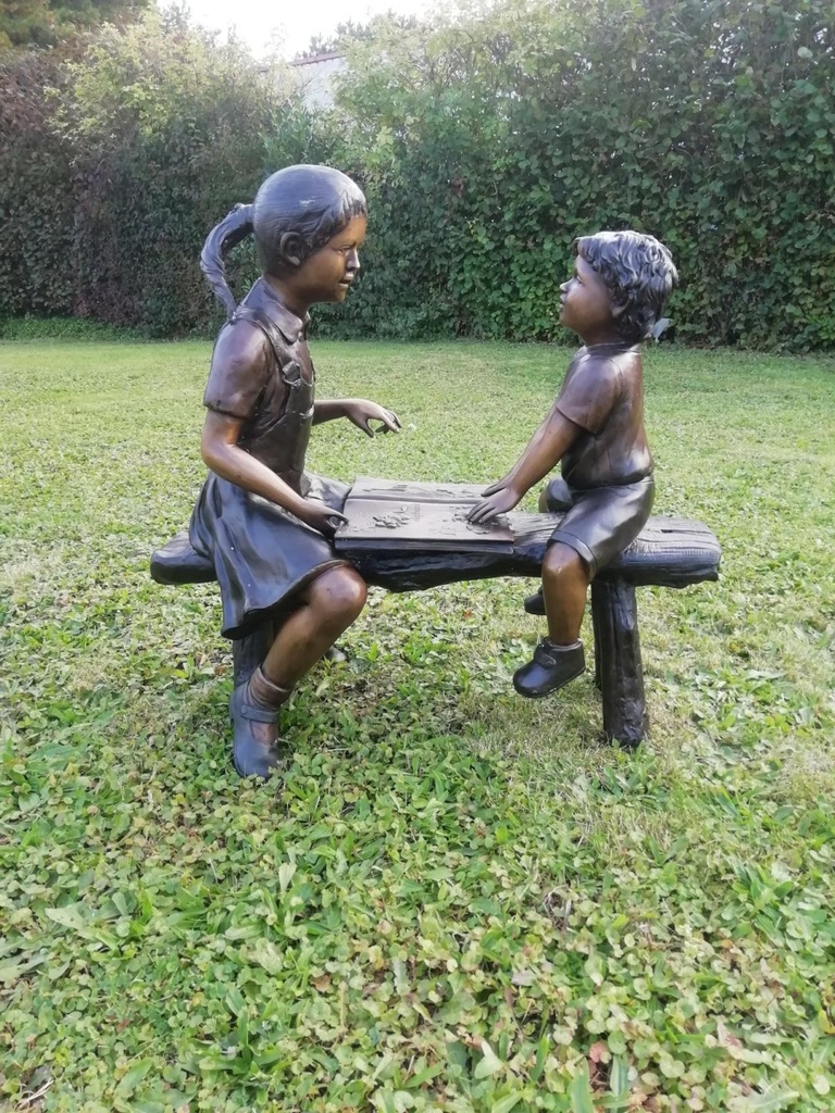 Bronze Sister Teaching Younger Brother On Bench Outdoor Sculpture FIBO 69 | Avant Garden Bronzes