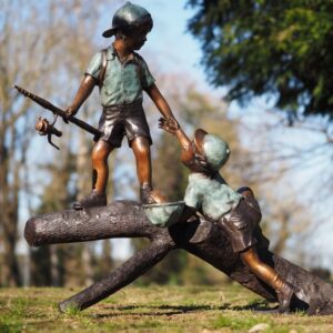 Bronze Young Boys Fishing On Log Verdigris Garden Sculpture FIBO 66 1 | Avant Garden Bronzes