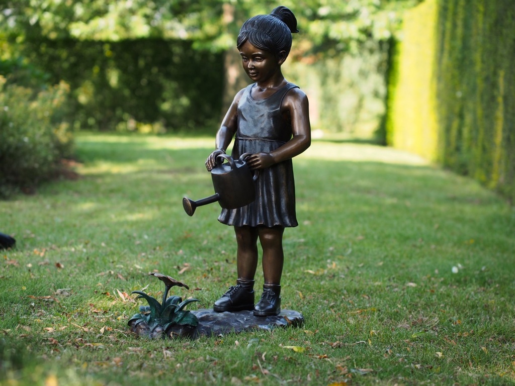 Bronze Young Girl In Dress Watering Summer Flower Garden Sculpture FIGI 102 3 | Avant Garden Bronzes