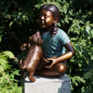 Bronze Young Girl Reading With Puppy Dog Climbing On Book Sculpture FIGI 100 | Avant Garden Bronzes