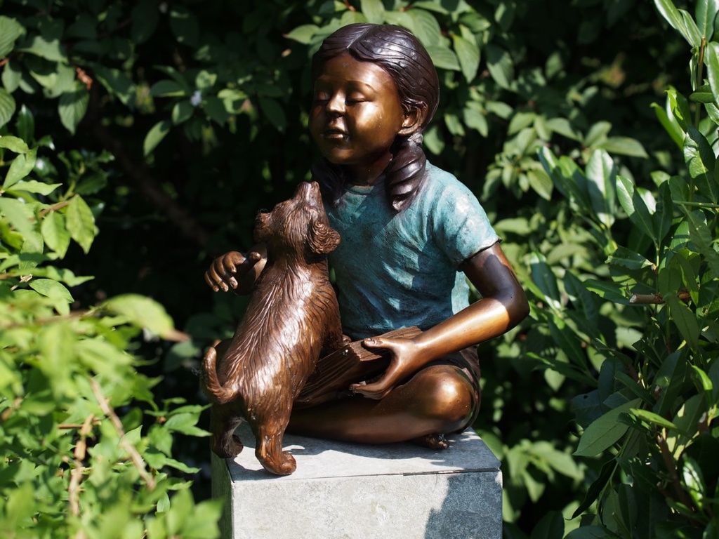 Bronze Young Girl Reading With Puppy Dog Climbing On Book Sculpture FIGI 100 | Avant Garden Bronzes