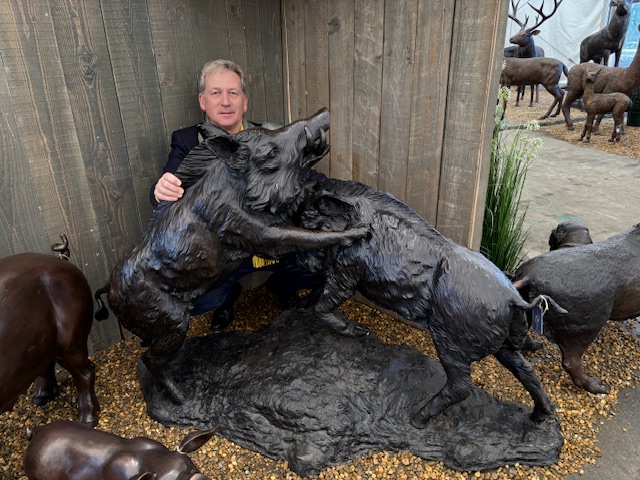 Wild Boar Fighting Bronze Animal Sculpture large estate statement piece