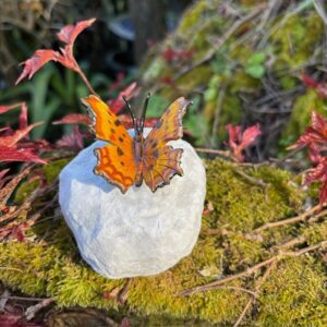Bronze comma butterfly sculpture on stone base with amber toned wings in a delicate resting pose