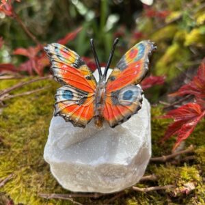 Bronze peacock butterfly sculpture on stone base with eye markings and vibrant colouring in a garden setting