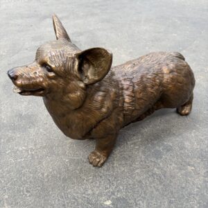 Bronze Royal Corgi dog sculpture standing with alert expression