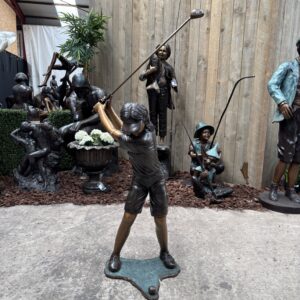 The Perfect Drive – Bronze Lady Golfer Sculpture FIWO 91 centred front view highlighting stance balance and detailed golfing pose