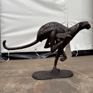 Bronze Running Cheetah Sculpture wildlife garden ornament captured in full sprint side profile