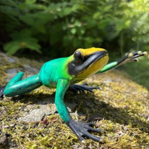 Exotic Tree Frog Bronze Sculpture Green MI 77 side profile with extended foreleg, photographed amongst moss and lush garden foliage.