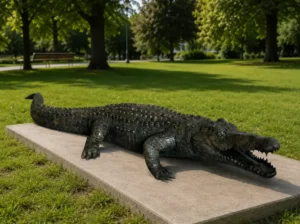 Monarch of the Wetlands – Large Bronze Crocodile Sculpture WI 115 impressive life-size crocodile sculpture with detailed scales and open jaws displayed in a landscaped garden setting