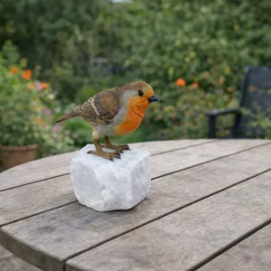 Small Scarlet Robin Bird Bronze Sculpture BI 113 standing on natural stone base with rich red breast and realistic bronze detailing