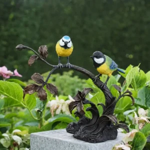 Blue Tit Pair Bronze Bird Sculpture with two colourful birds on a flowering bronze branch