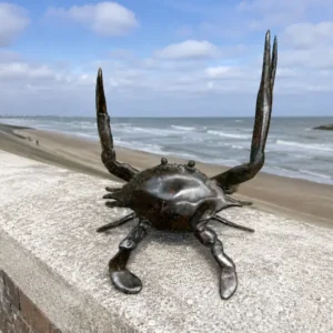 Bronze Crab Sculpture MI136 displayed on a seaside wall with raised claws.