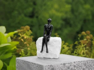 Looking at the Sky Figure on Marble Base MO 75 contemporary bronze sculpture