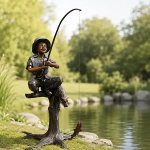 Boy Fishing From Tree Bronze Garden Sculpture with cheerful young angler, fishing rod and dangling fish beside a peaceful pond FIBO 75