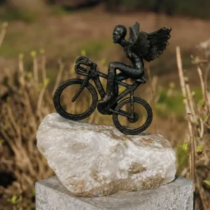 Bronze Cyclist Angel Memorial Sculpture with wings riding a bicycle on natural marble base MESU 137