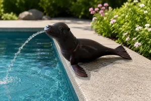 Bronze Sea Lion Fountain Garden Water Feature spouting water into swimming pool FO 113