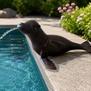 Bronze Sea Lion Fountain Garden Water Feature spouting water into swimming pool FO 113