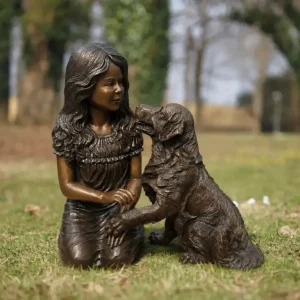 Sitting Girl With Dog Bronze Garden Sculpture showing a young girl seated beside her dog in a warm and affectionate pose.