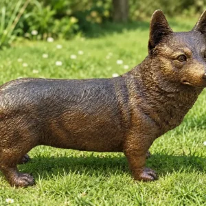 Standing Corgi Bronze Dog Garden Sculpture with detailed textured coat, short legs and large upright ears, displayed on a green lawn.