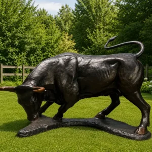 The Challenger Monumental Bronze Bull Garden Sculpture in powerful forward-leaning stance on lawn MI 139