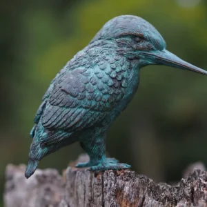 Verdigris Kingfisher Bronze Garden Sculpture with long beak, detailed feathers and blue-green patina BI 124